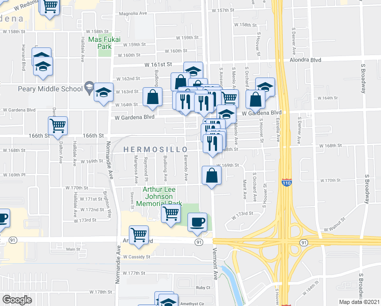 map of restaurants, bars, coffee shops, grocery stores, and more near 1052 West 168th Street in Gardena