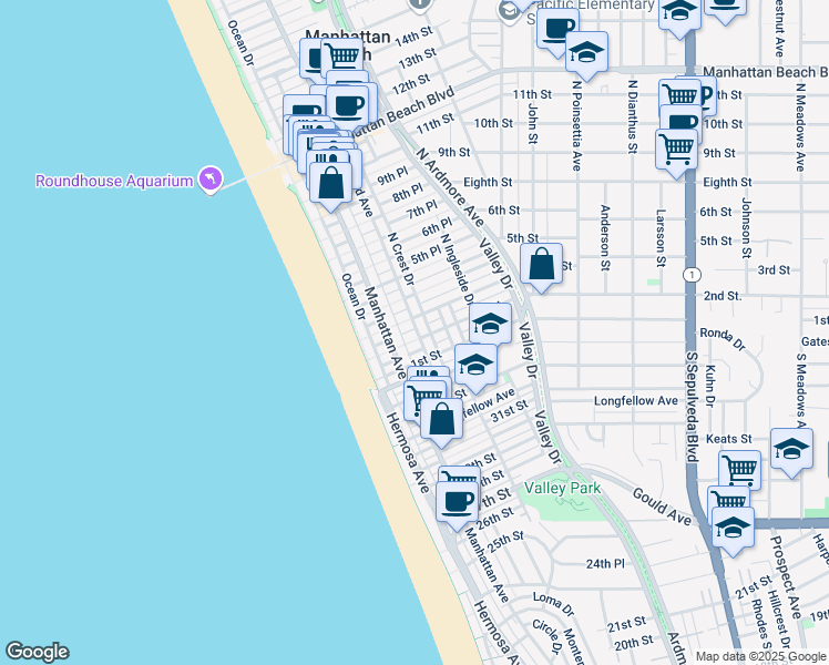 map of restaurants, bars, coffee shops, grocery stores, and more near 205 2nd Place in Manhattan Beach
