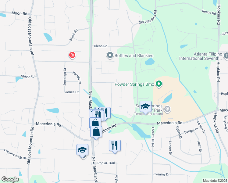 map of restaurants, bars, coffee shops, grocery stores, and more near 3069 Brooks Lane in Powder Springs