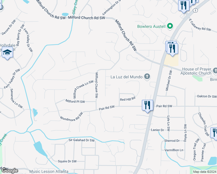 map of restaurants, bars, coffee shops, grocery stores, and more near 1484 Milford Court South in Marietta