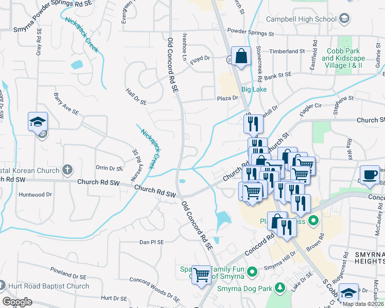 map of restaurants, bars, coffee shops, grocery stores, and more near 1051 Westfield Trace in Smyrna