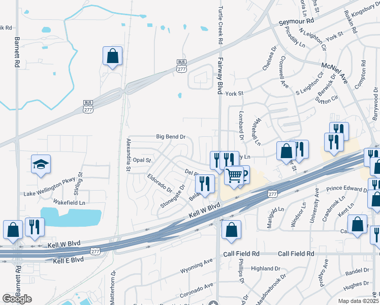 map of restaurants, bars, coffee shops, grocery stores, and more near 4803 Big Bend Dr in Wichita Falls