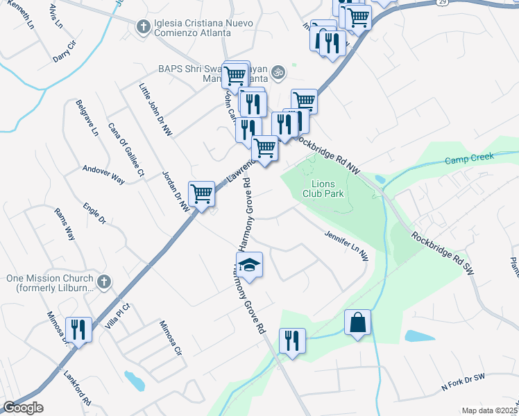 map of restaurants, bars, coffee shops, grocery stores, and more near 20 Harmony Grove Road in Lilburn