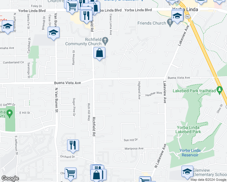 map of restaurants, bars, coffee shops, grocery stores, and more near 5642 Casa Loma Avenue in Yorba Linda