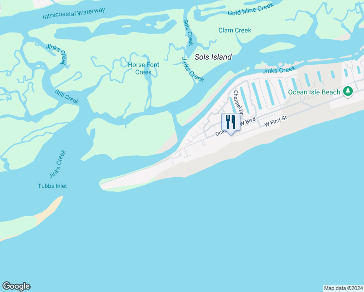 map of restaurants, bars, coffee shops, grocery stores, and more near 30 Bayberry Drive in Carolina Shores