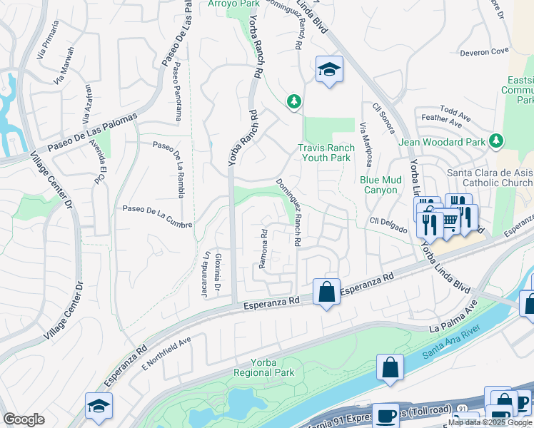 map of restaurants, bars, coffee shops, grocery stores, and more near 21121 Vía Corrillo in Yorba Linda