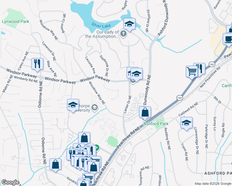 map of restaurants, bars, coffee shops, grocery stores, and more near 3051 Oglethorpe Way Northeast in Atlanta