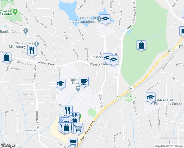 map of restaurants, bars, coffee shops, grocery stores, and more near 3067 Oglethorpe Way Northeast in Atlanta