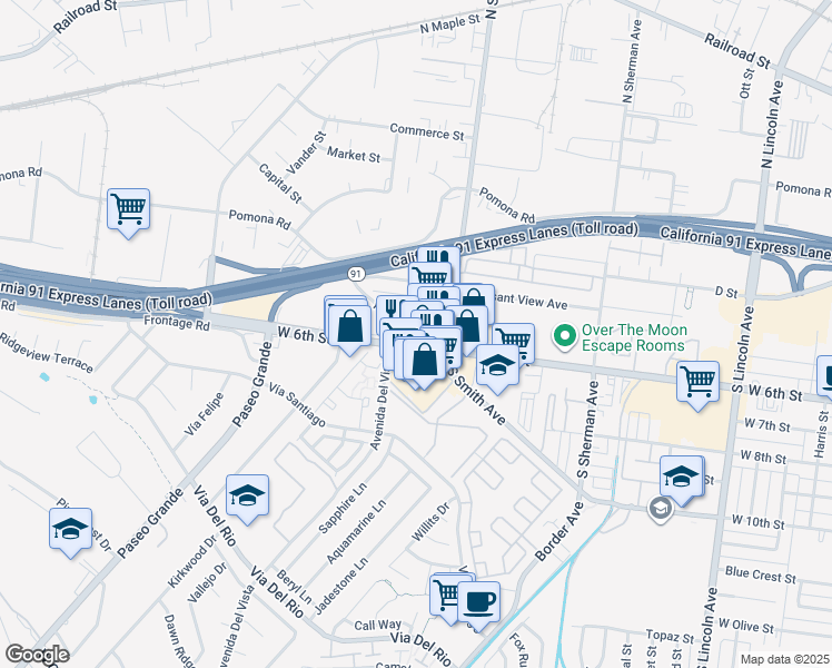 map of restaurants, bars, coffee shops, grocery stores, and more near 1539 Yorba Street in Corona