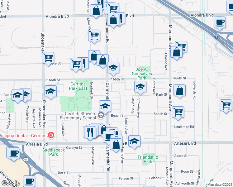 map of restaurants, bars, coffee shops, grocery stores, and more near 13428 Randsburg Street in Cerritos