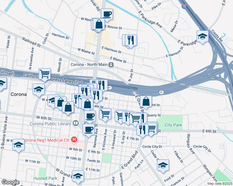 map of restaurants, bars, coffee shops, grocery stores, and more near 316 East 2nd Street in Corona