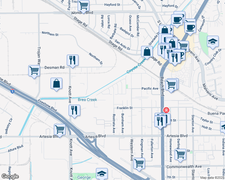 map of restaurants, bars, coffee shops, grocery stores, and more near 5630 Rostrata Avenue in Buena Park