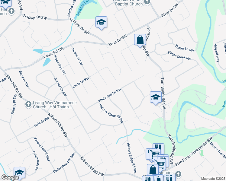 map of restaurants, bars, coffee shops, grocery stores, and more near 4045 White Oak Lane Southwest in Lilburn