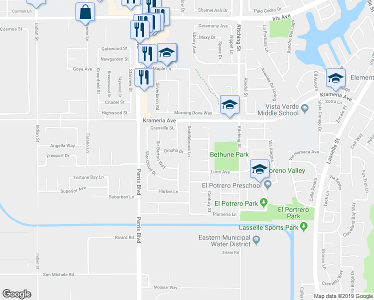 map of restaurants, bars, coffee shops, grocery stores, and more near 25246 Omaha Drive in Moreno Valley