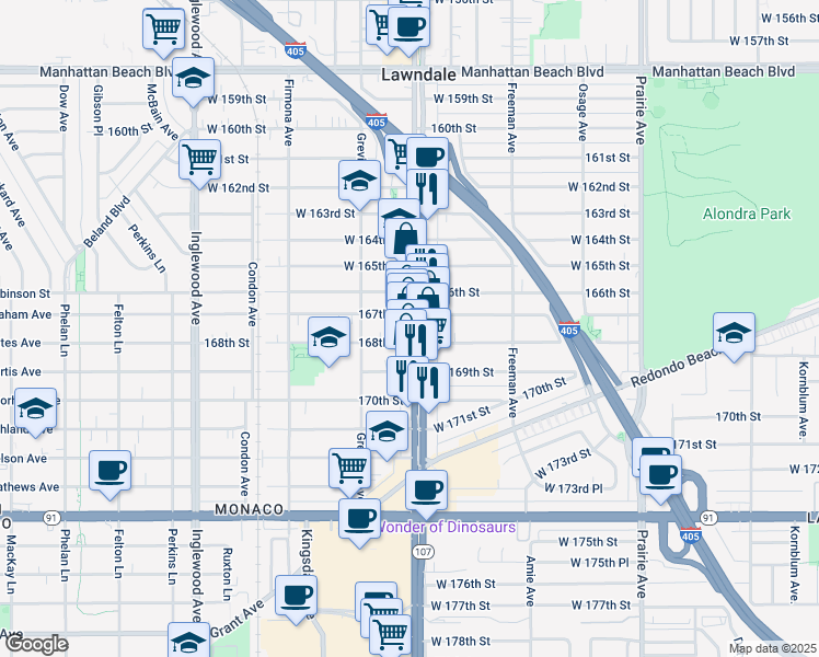 map of restaurants, bars, coffee shops, grocery stores, and more near 16715 Hawthorne Boulevard in Lawndale