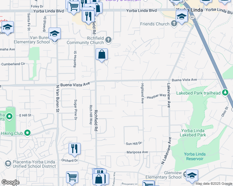 map of restaurants, bars, coffee shops, grocery stores, and more near 5642 Casa Loma Avenue in Yorba Linda