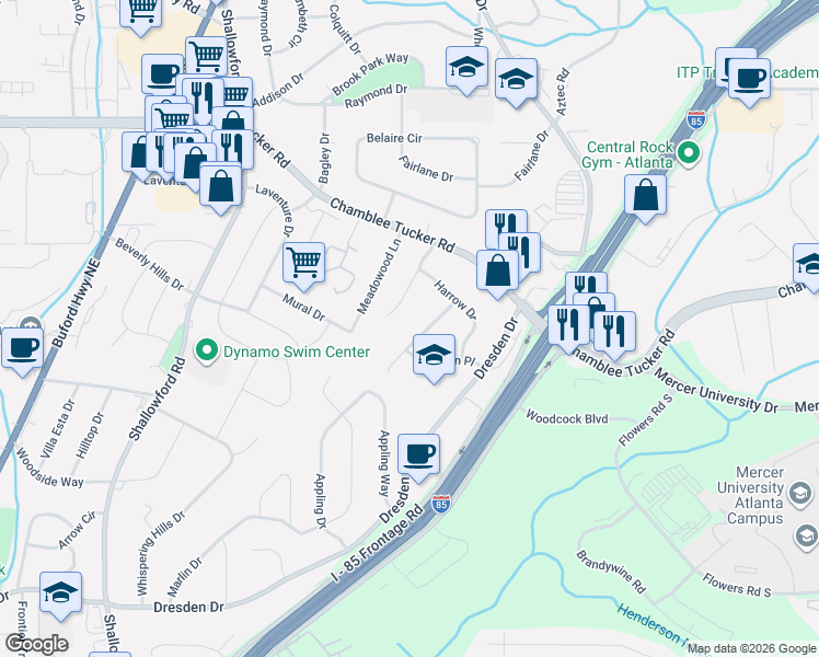 map of restaurants, bars, coffee shops, grocery stores, and more near 3085 Ascot Court in Atlanta