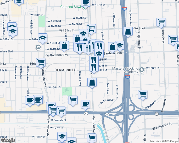 map of restaurants, bars, coffee shops, grocery stores, and more near 16803 Vermont Avenue in Gardena