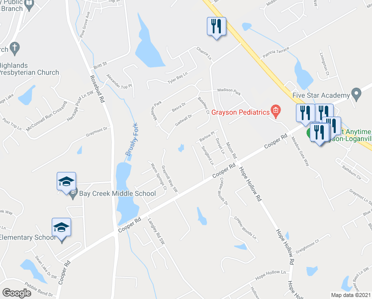 map of restaurants, bars, coffee shops, grocery stores, and more near 525 Cooper Road in Loganville