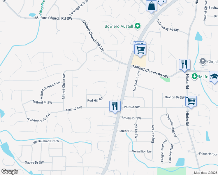 map of restaurants, bars, coffee shops, grocery stores, and more near 1344 Red Hill Road in Marietta