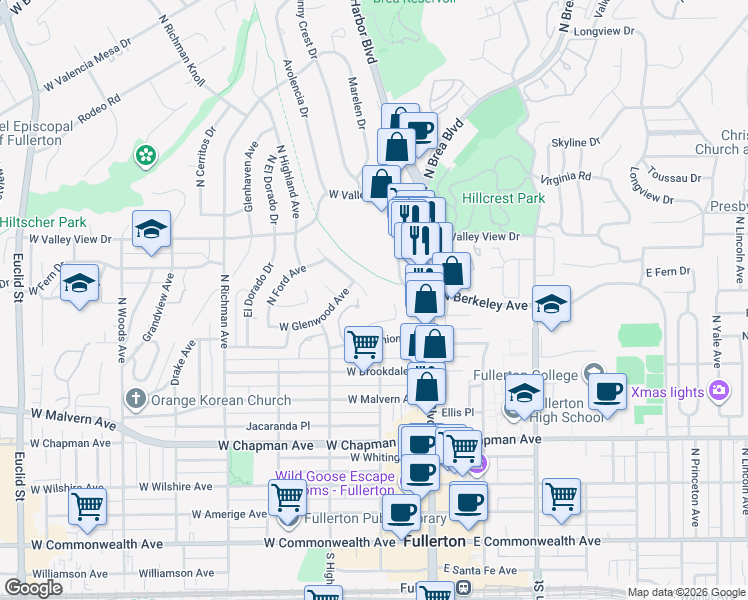 map of restaurants, bars, coffee shops, grocery stores, and more near 756 North Malden Avenue in Fullerton