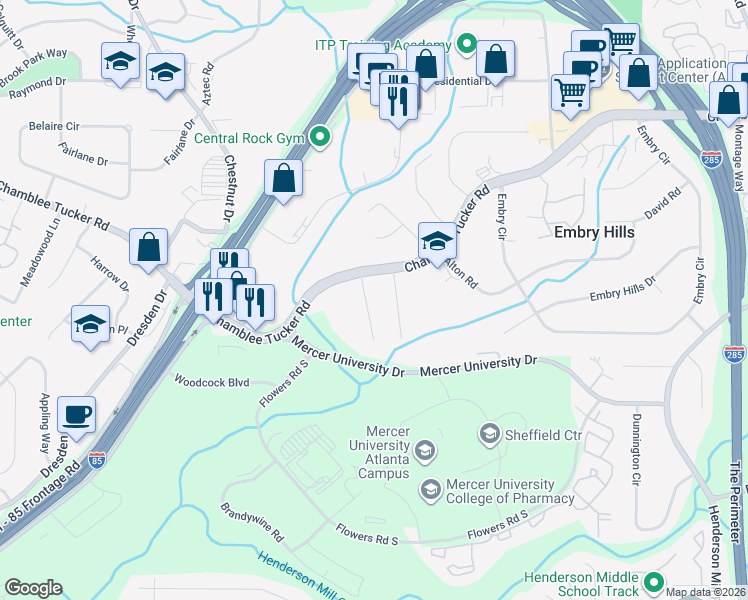 map of restaurants, bars, coffee shops, grocery stores, and more near 3077 Stantondale Drive in Chamblee