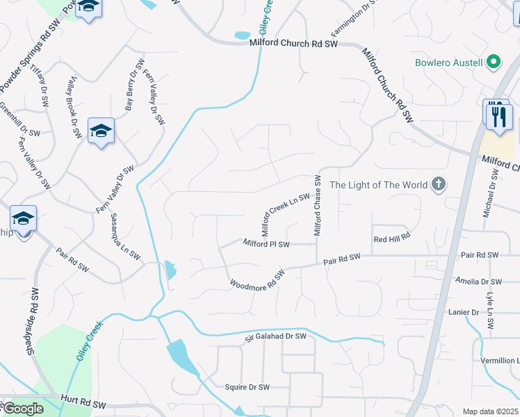 map of restaurants, bars, coffee shops, grocery stores, and more near 1572 North Milford Creek Lane Southwest in Marietta