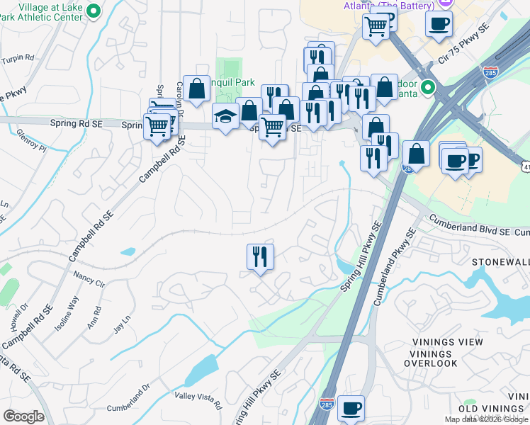 map of restaurants, bars, coffee shops, grocery stores, and more near 2 Cumberland Crossing in Smyrna