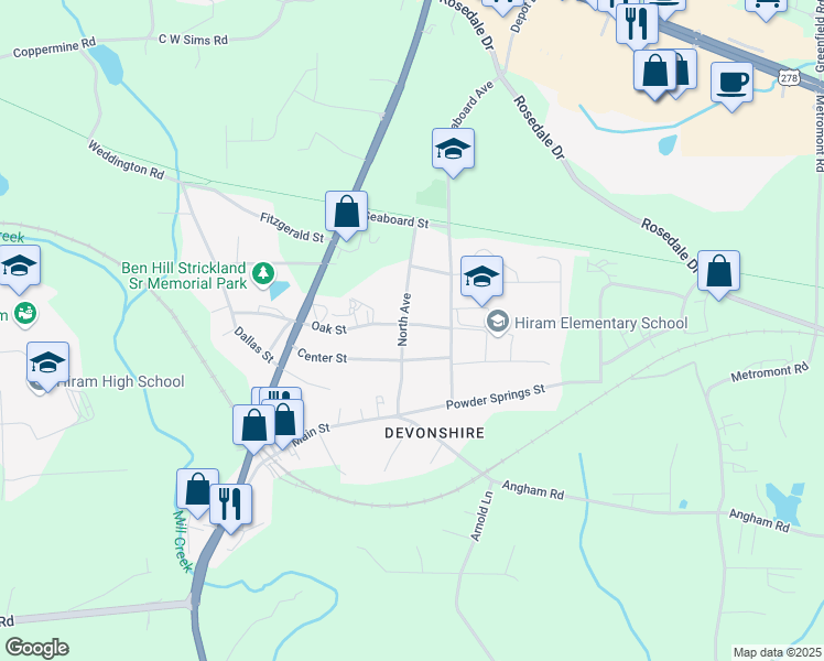 map of restaurants, bars, coffee shops, grocery stores, and more near 81 Oak Street in Hiram