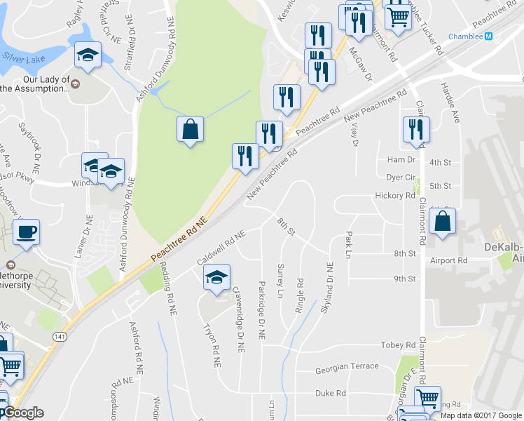 map of restaurants, bars, coffee shops, grocery stores, and more near 3224 Caldwell Road Northeast in Brookhaven