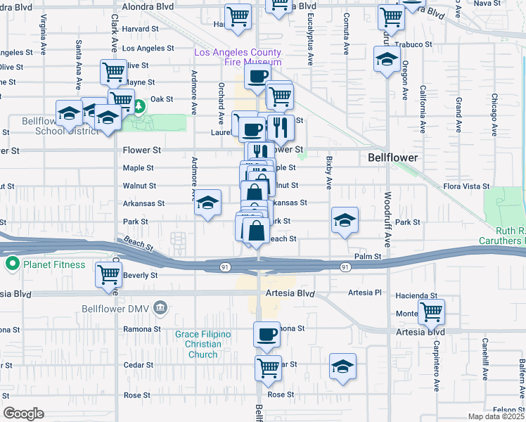 map of restaurants, bars, coffee shops, grocery stores, and more near 17046 Bellflower Boulevard in Bellflower