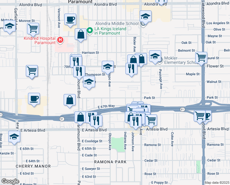 map of restaurants, bars, coffee shops, grocery stores, and more near 3230 East 68th Way in Long Beach