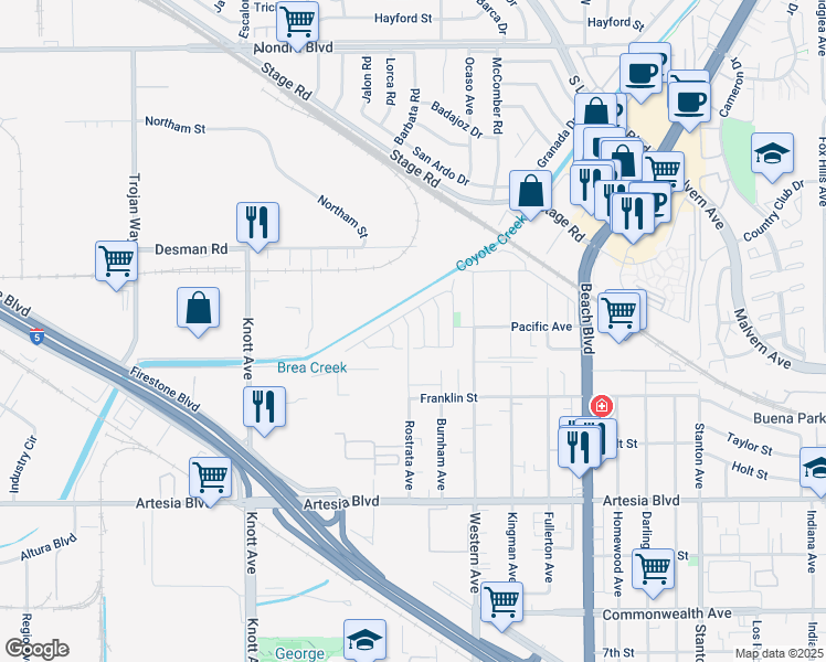 map of restaurants, bars, coffee shops, grocery stores, and more near 5630 Rostrata Avenue in Buena Park