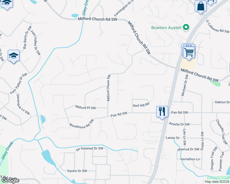 map of restaurants, bars, coffee shops, grocery stores, and more near 1578 Twin Courts Lane Southwest in Marietta