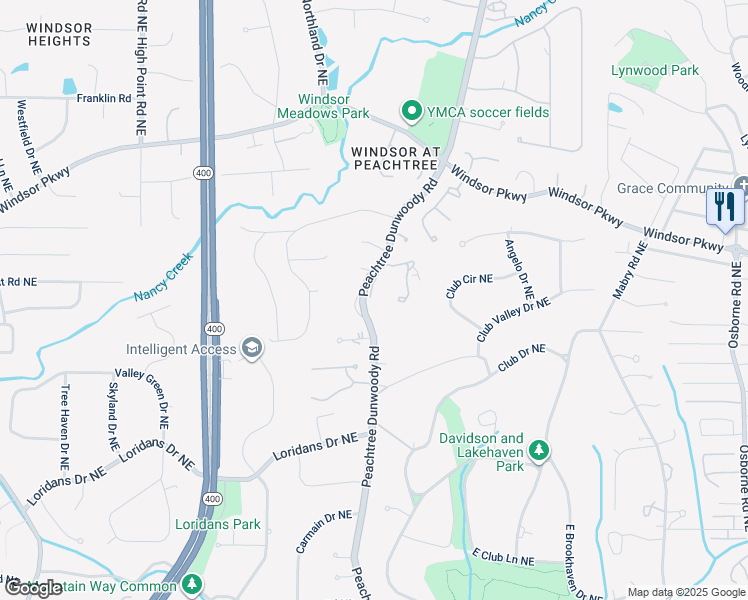 map of restaurants, bars, coffee shops, grocery stores, and more near 4555 Peachtree Dunwoody Road in Atlanta