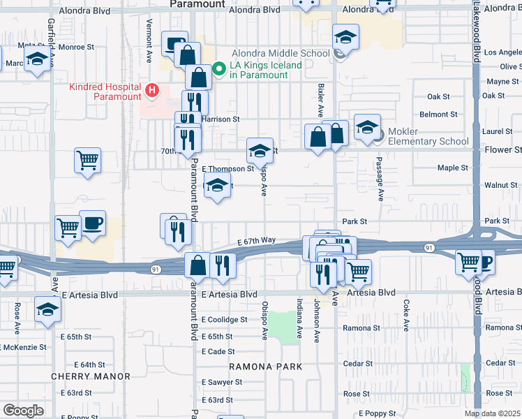 map of restaurants, bars, coffee shops, grocery stores, and more near 6847 Obispo Avenue in Long Beach