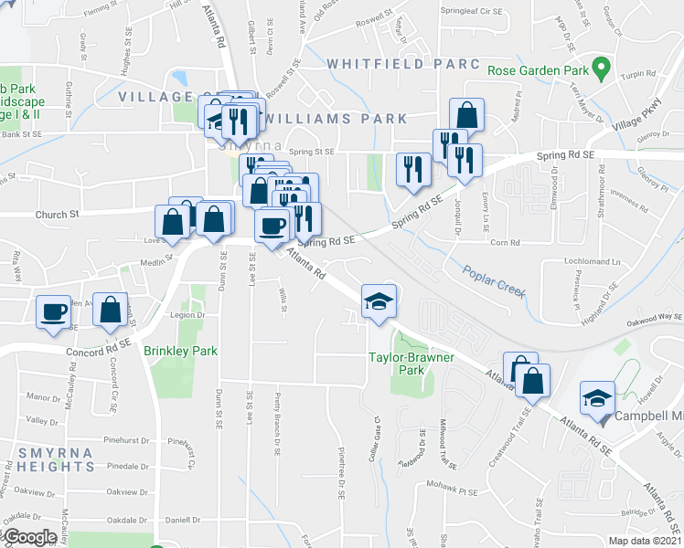 map of restaurants, bars, coffee shops, grocery stores, and more near 3002 Montclair Circle Southeast in Smyrna