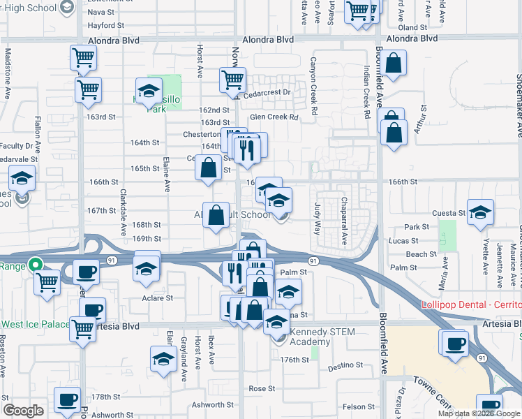 map of restaurants, bars, coffee shops, grocery stores, and more near 12222 Cuesta Drive in Cerritos