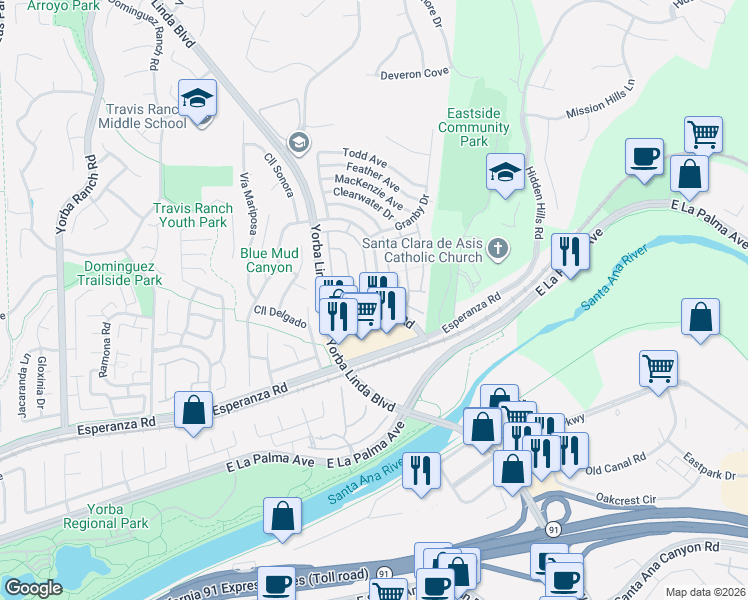 map of restaurants, bars, coffee shops, grocery stores, and more near 5750 Westfield Street in Yorba Linda