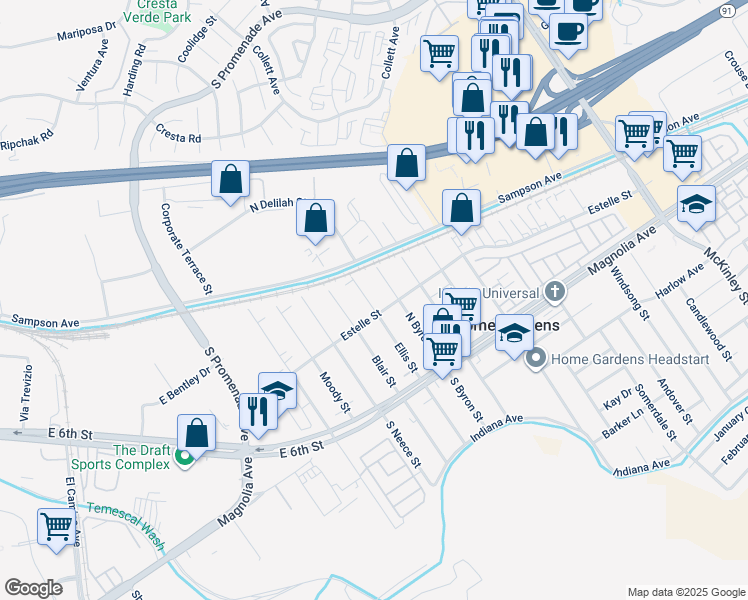 map of restaurants, bars, coffee shops, grocery stores, and more near 4037 Ellis Street in Corona