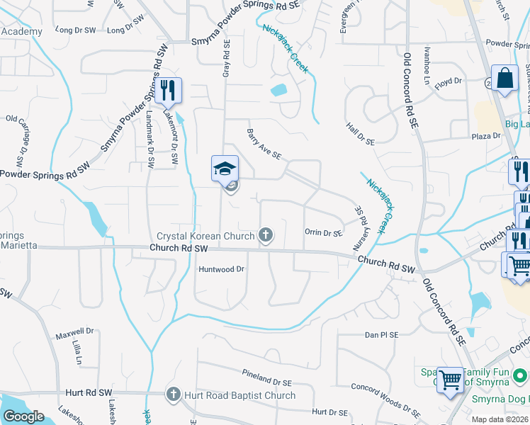 map of restaurants, bars, coffee shops, grocery stores, and more near 551 Norton Circle Southeast in Smyrna