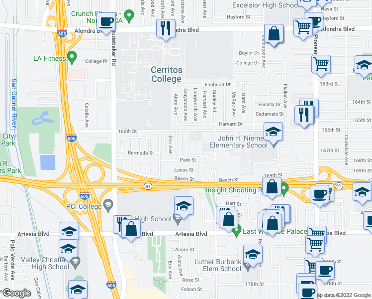map of restaurants, bars, coffee shops, grocery stores, and more near 16716 Graystone Avenue in Cerritos