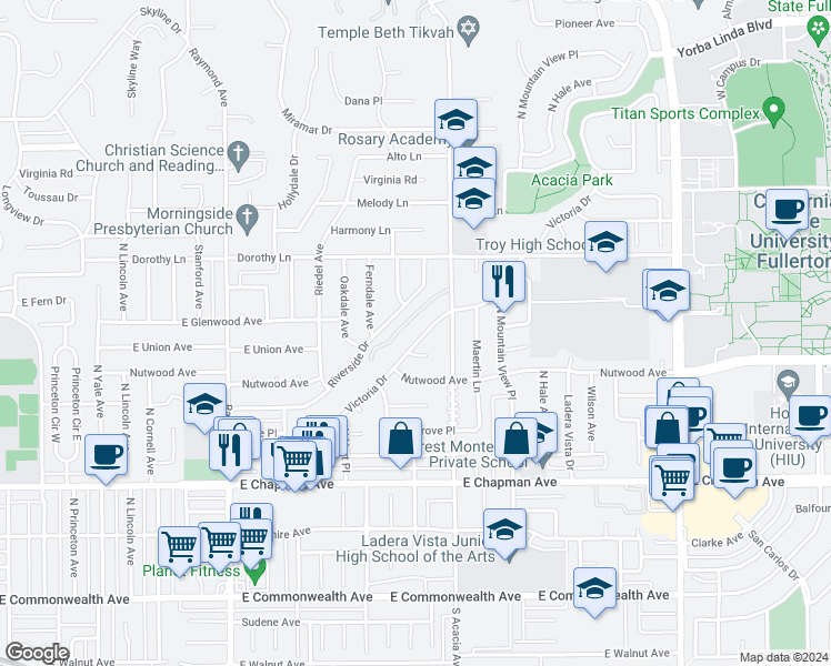 map of restaurants, bars, coffee shops, grocery stores, and more near 1613 Victoria Drive in Fullerton