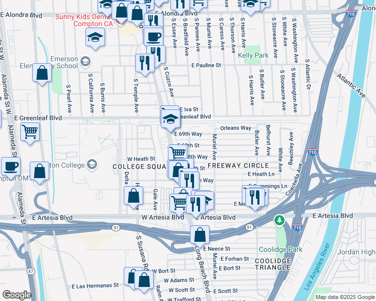 map of restaurants, bars, coffee shops, grocery stores, and more near 6889 Orcutt Avenue in Long Beach