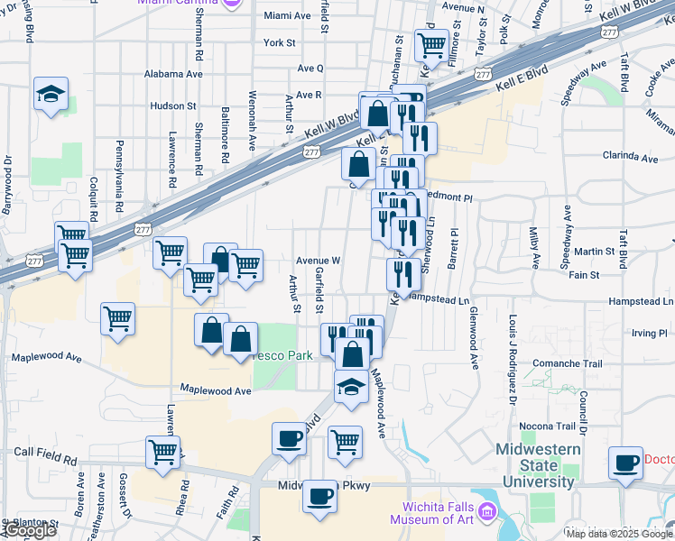 map of restaurants, bars, coffee shops, grocery stores, and more near 3304 Grant Street in Wichita Falls