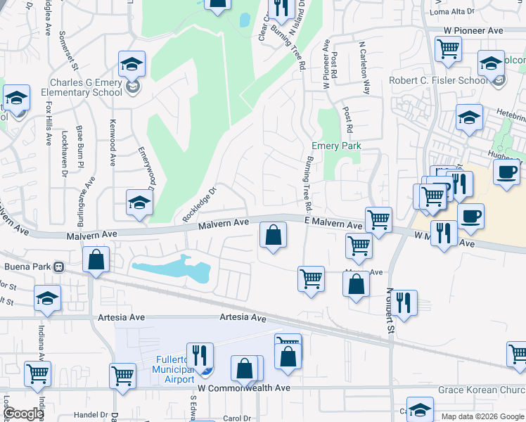 map of restaurants, bars, coffee shops, grocery stores, and more near 8971 Meadowbrook Way in Buena Park