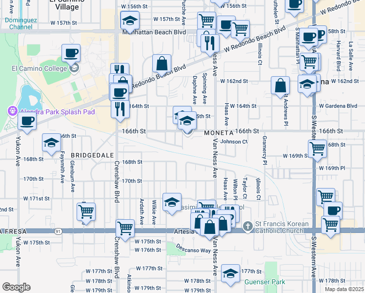 map of restaurants, bars, coffee shops, grocery stores, and more near West 166th Place in Torrance