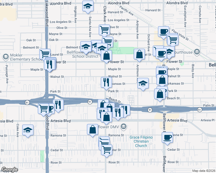 map of restaurants, bars, coffee shops, grocery stores, and more near 17046 Clark Avenue in Bellflower