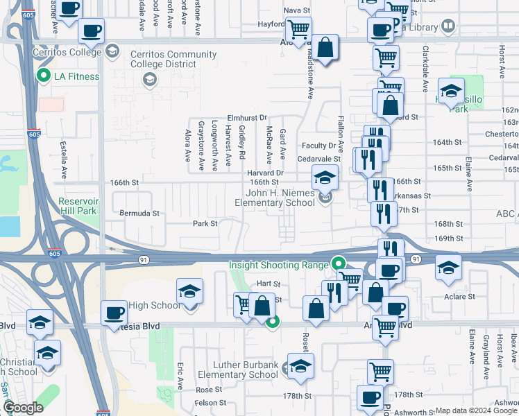 map of restaurants, bars, coffee shops, grocery stores, and more near 11429 Hanover Court in Cerritos