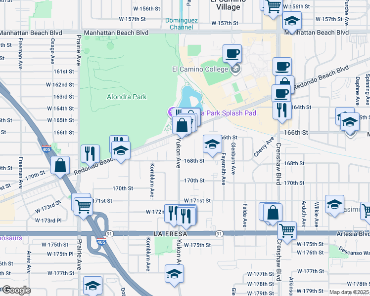 map of restaurants, bars, coffee shops, grocery stores, and more near 16700 Yukon Avenue in Torrance